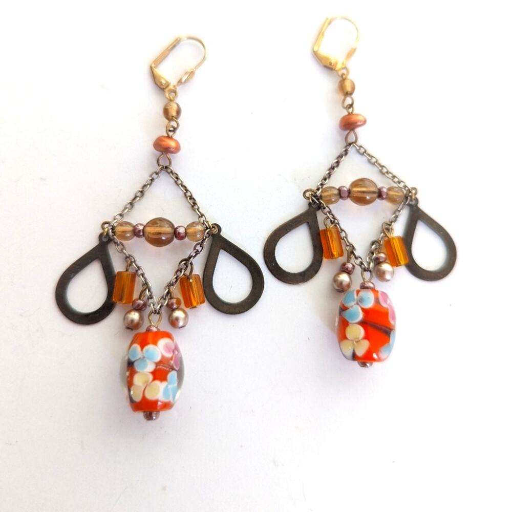 Vintage Artisan Dangly Art Glass Chandelier Boho Beaded Metal Leverback Earrings